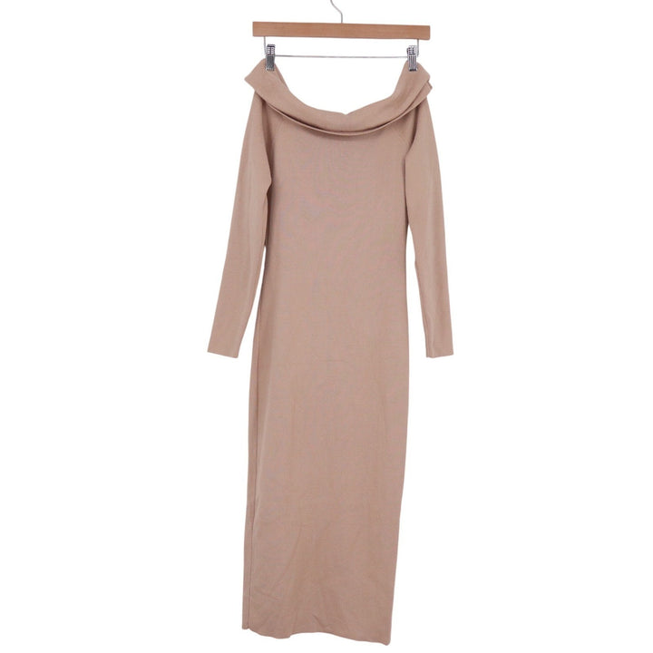 Tan Off the Shoulder Long Sleeve Ribbed Knit Midi Dress Viscose Blend