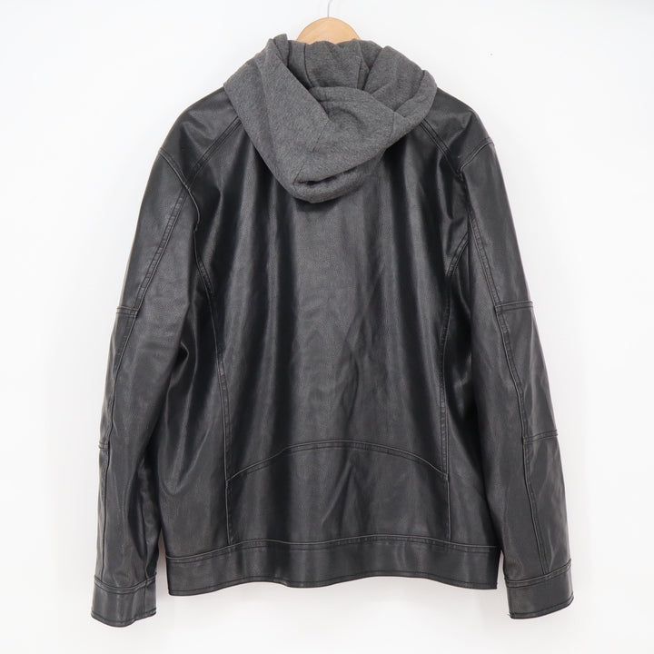 Guess Jacket Mens XXL Hooded Faux Leather Racer Black Moto Excellent