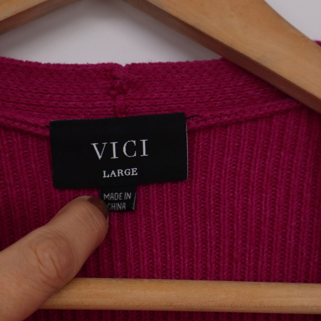 VICI Fuchsia Pink Ribbed Longline Open Front Cardigan Side Slits Large