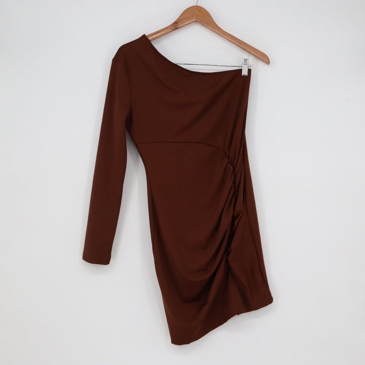 Chocolate Brown One Shoulder Ruched Long Sleeve Mini Bodycon Dress Large
