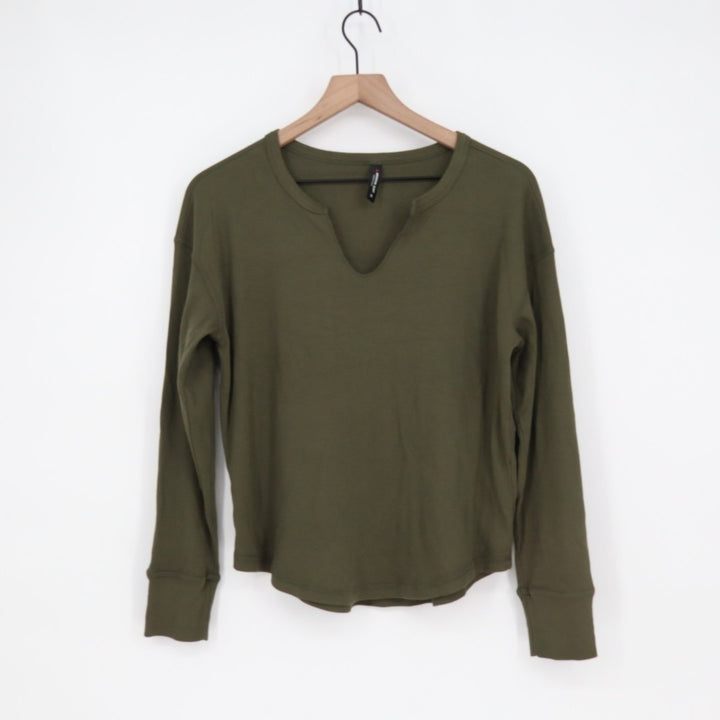 American Giant Luxe Rib Womens Small Olive Green Long Sleeve V-Notch Pullover