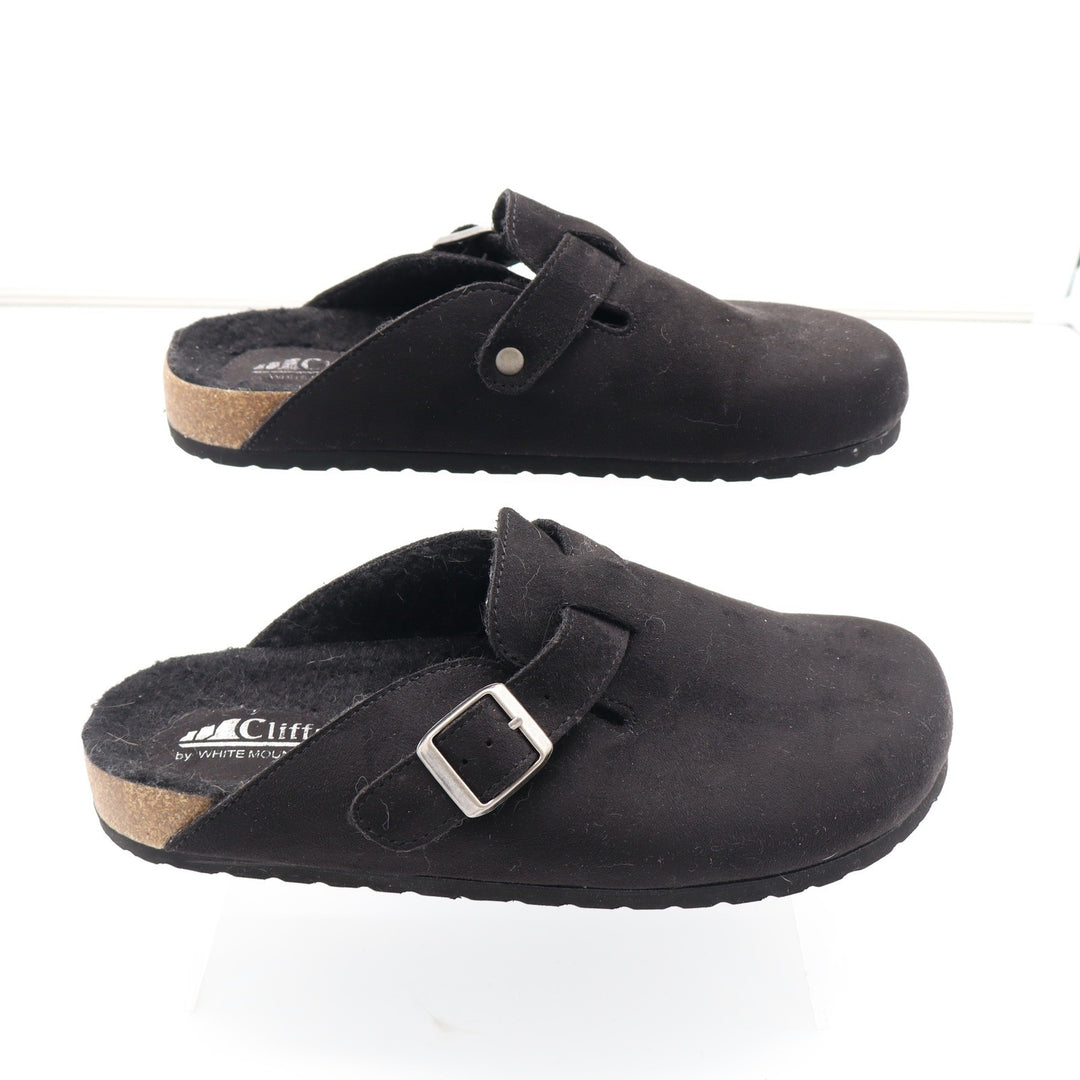 Cliffs by White Mountain Black Faux Suede Faux Fur Lined Buckle Clogs Women 8.5