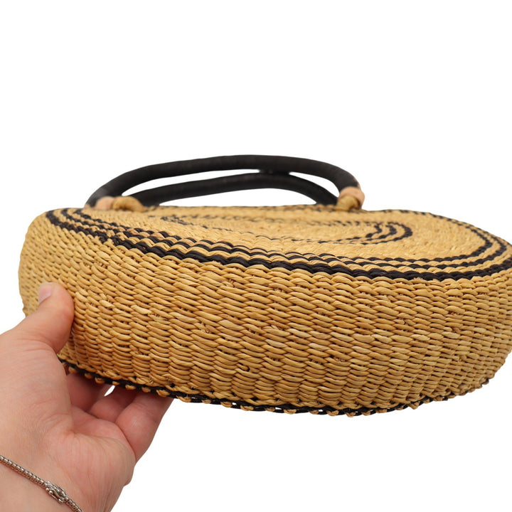 Handwoven Round Straw Tote Bag Leather Handles Boho Circle Basket Bag JCA120