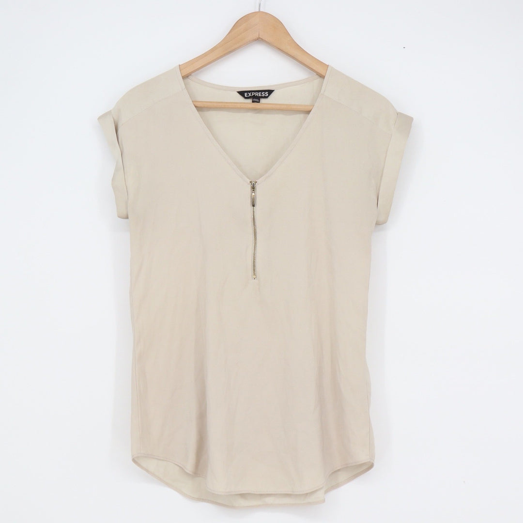Express Womens XS Beige V-Neck Half Zip Rolled Cap Sleeve Blouse Top
