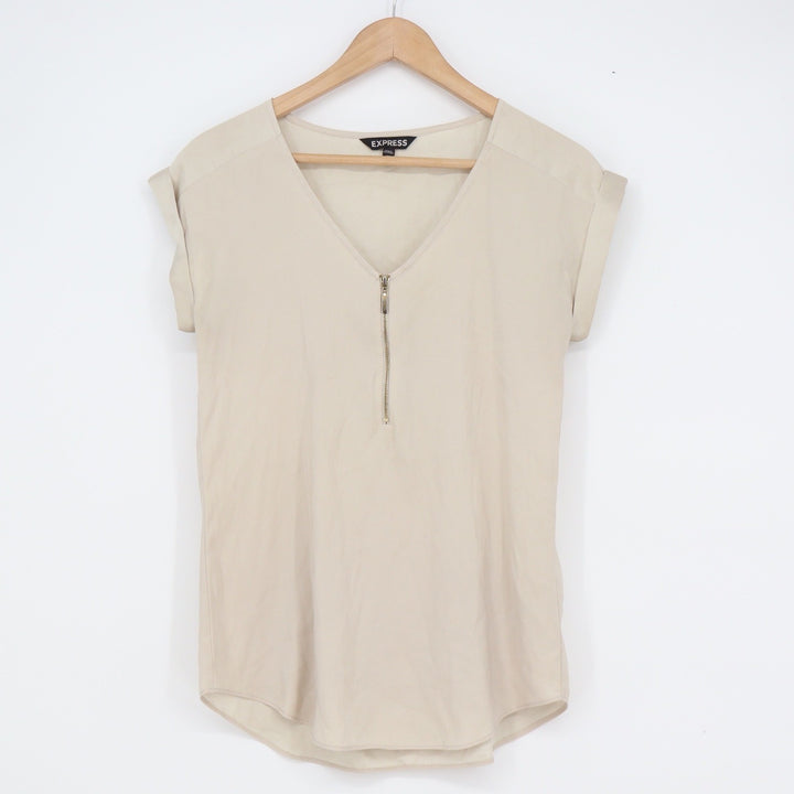 Express Womens XS Beige V-Neck Half Zip Rolled Cap Sleeve Blouse Top