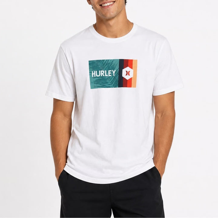 Hurley Mens Large White Graphic T-Shirt Palm Tree Logo Short Sleeve Cotton Tee