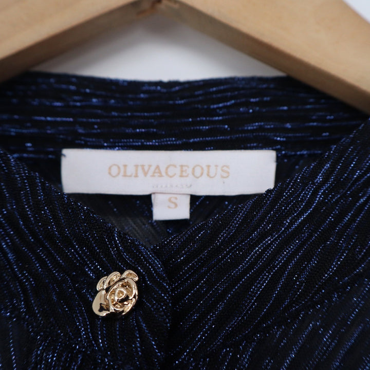 Olivaceous Navy Blue Metallic Pleated Mock Neck Blouse Rose Buttons S