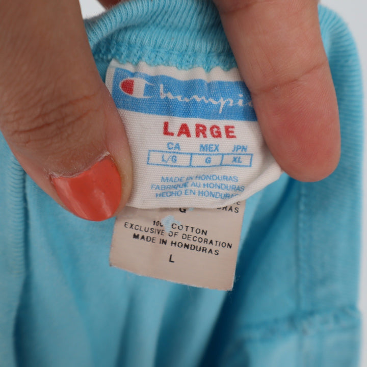 Champion Womens Light Blue Graphic T-Shirt Short Sleeve Raw Hem Large