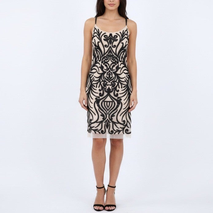 Badgley Mischka Collection Embellished Sheath Vintage Dress Black Beige Size 10