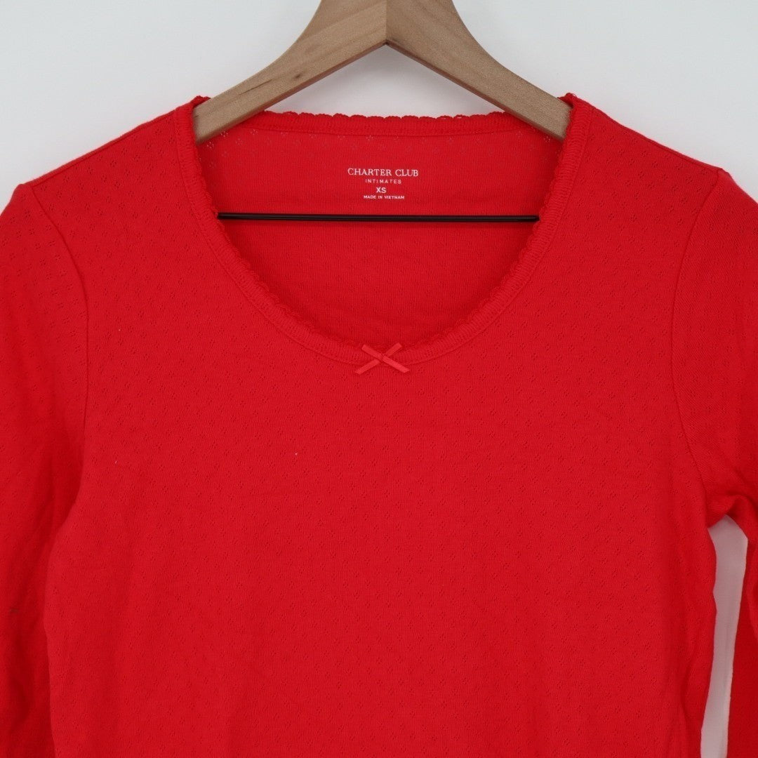 Charter Club T-Shirt Womens XS Red Cotton Knit Bow Round Neck Eyelet Long Sleeve