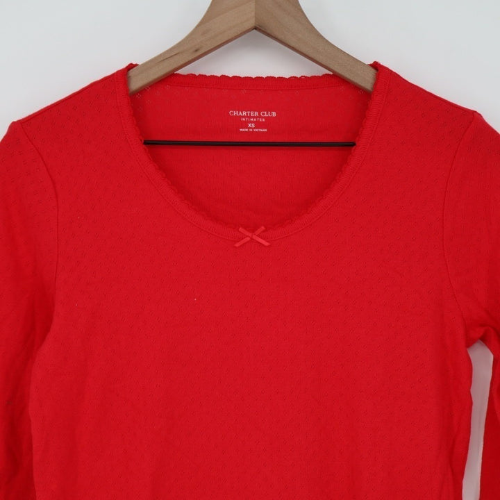 Charter Club T-Shirt Womens XS Red Cotton Knit Bow Round Neck Eyelet Long Sleeve