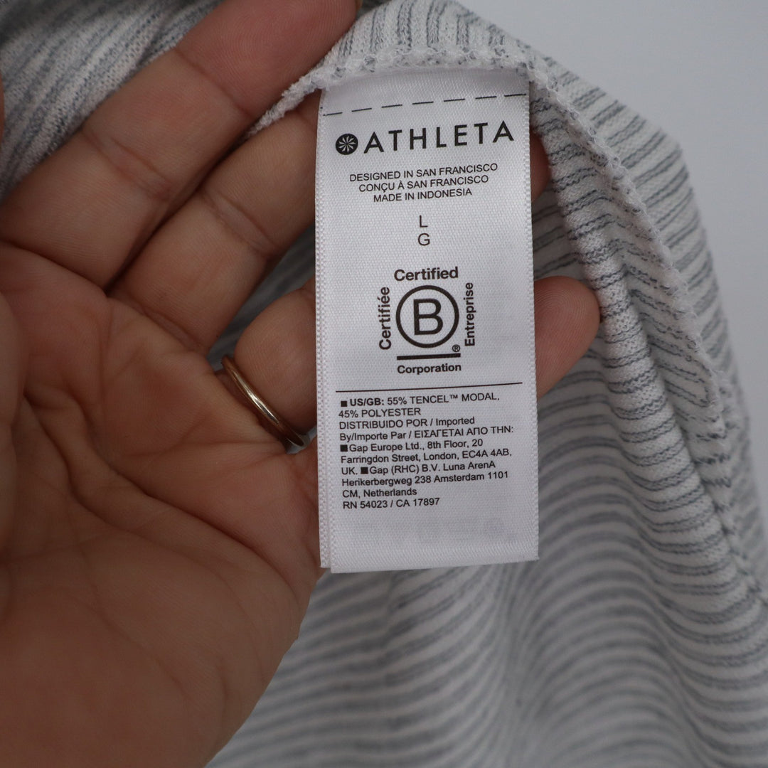 Athleta Womens V Neck Striped Short Sleeve T-Shirt Grey White Large