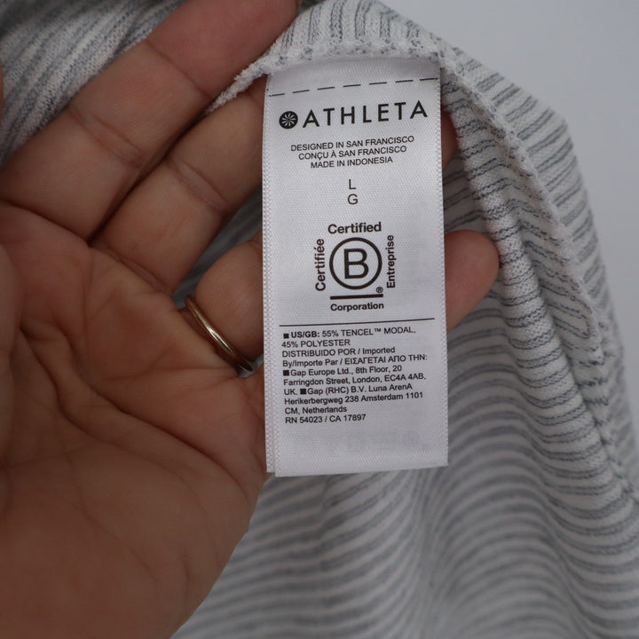 Athleta Womens V Neck Striped Short Sleeve T-Shirt Grey White Large