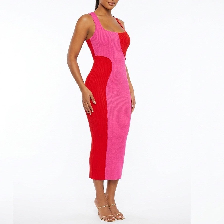 Naked Wardrobe Pink Red Colorblock Ribbed Racerback Midi Dress XS