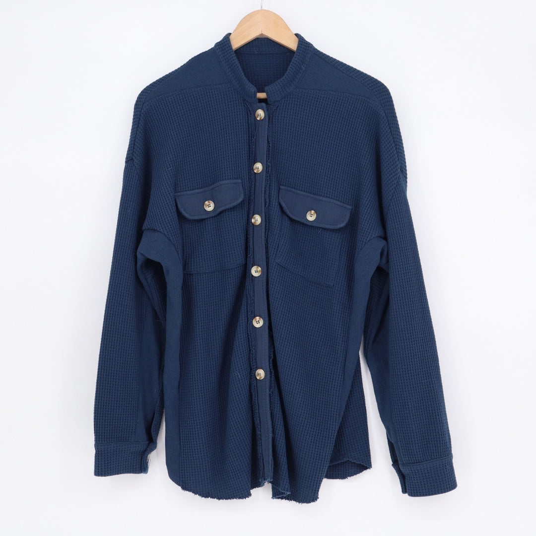 Chouyatou Shirt Jacket Women M Blue Waffle Knit Long Sleeve Flap Pockets Shacket