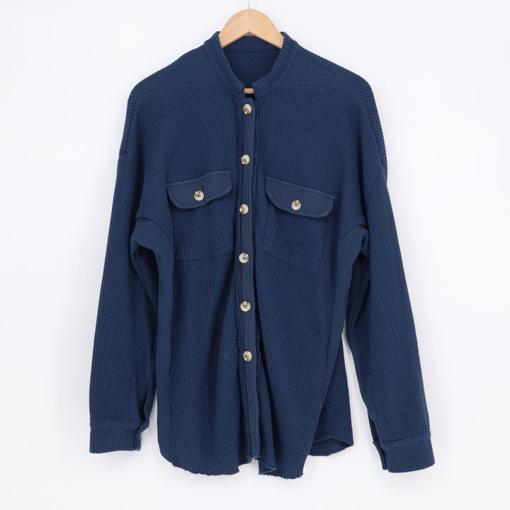 Chouyatou Shirt Jacket Women M Blue Waffle Knit Long Sleeve Flap Pockets Shacket