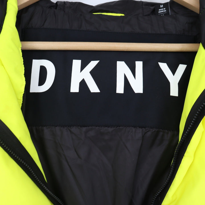DKNY Mens Neon Yellow Hooded Puffer Jacket Logo Sleeve Full Zip Medium