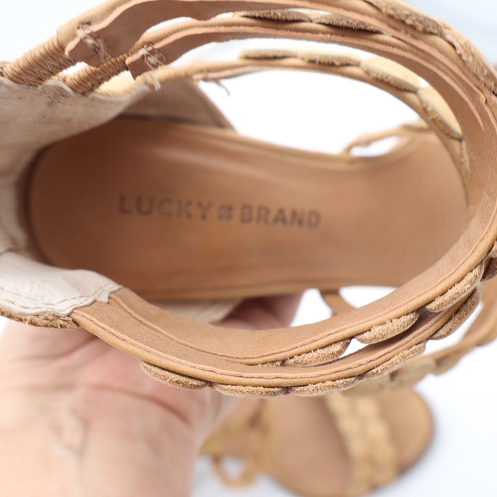 Lucky Brand Tan Leather Scalloped Gladiator Block Heel Sandals Womens 8.5