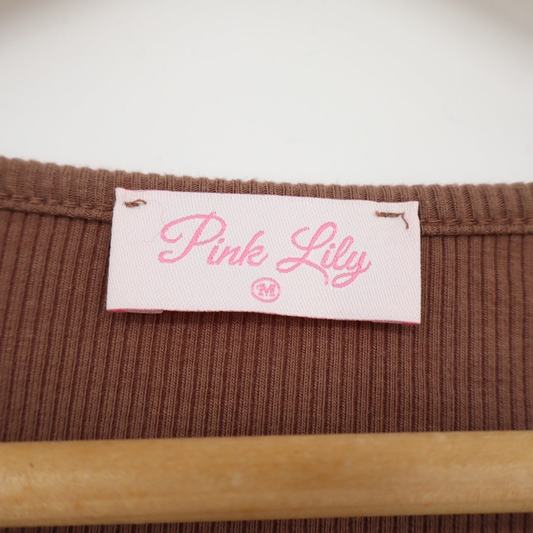 Pink Lily Crop Top Womens Medium Brown Stretch Ribbed Square Neck Long Sleeve