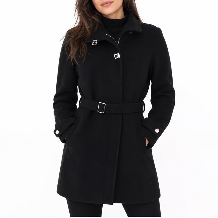 Calvin Klein Womens Black Wool Blend Belted Trench Coat Zip Front Size M