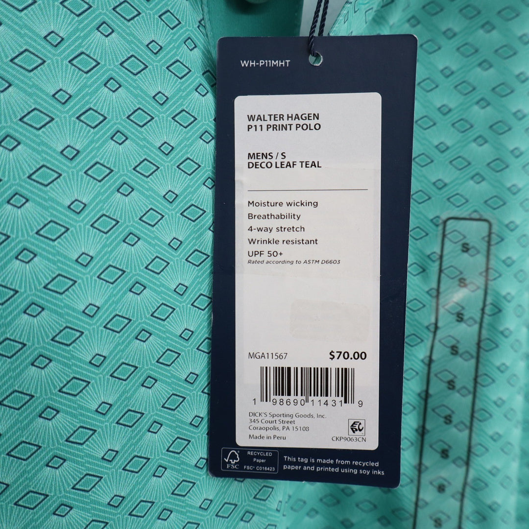 Walter Hagen Mens P11 Performance Polo Shirt Deco Leaf Teal Geometric Small New