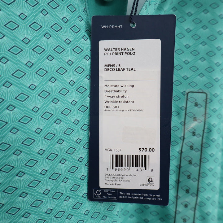Walter Hagen Mens P11 Performance Polo Shirt Deco Leaf Teal Geometric Small New