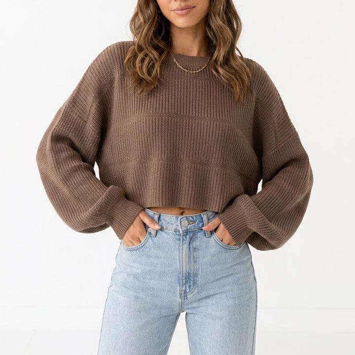 Shein Crop Sweater Womens Large Brown Knit Drop Shoulder Round Neck Pullover