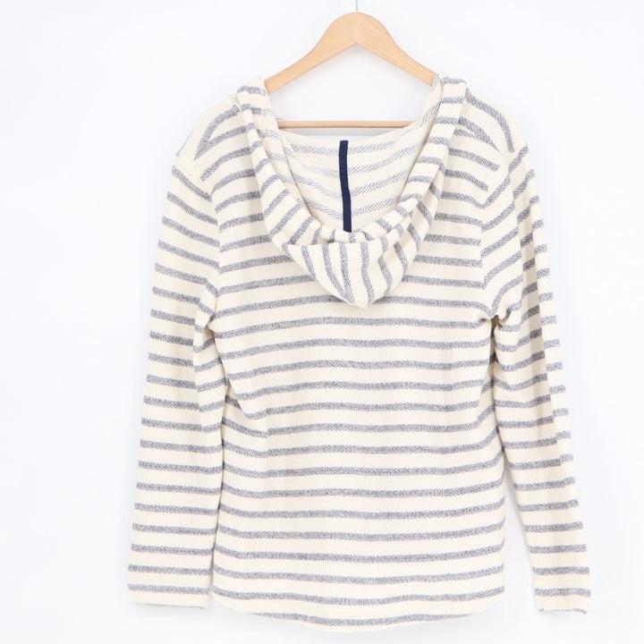 Old Navy Hoodie Womens Large White Blue Striped Cotton Kangaroo Pocket Pullover