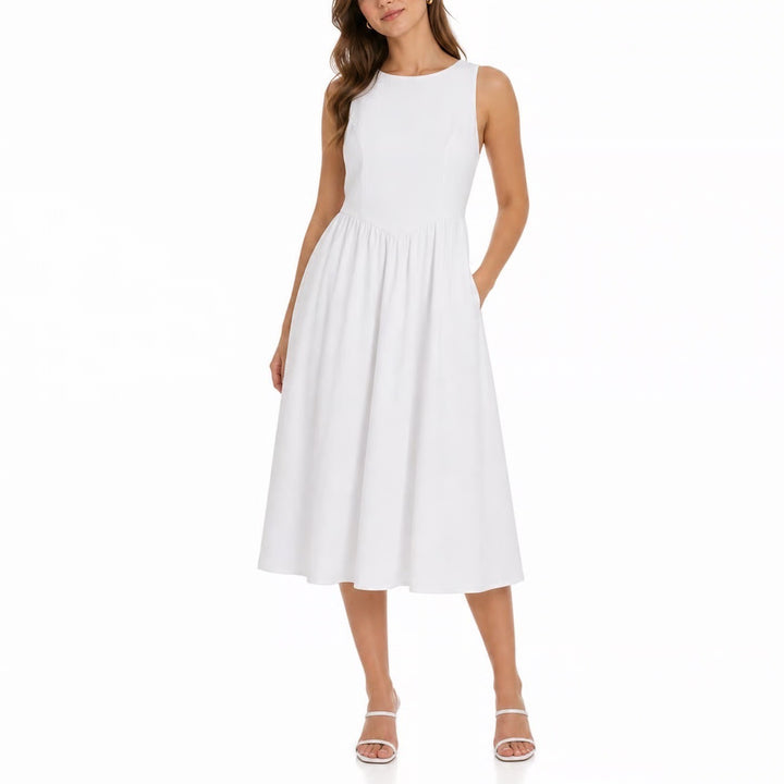 ZESICA Womens White Sleeveless Dropped Waist Pleated Midi Dress XL New