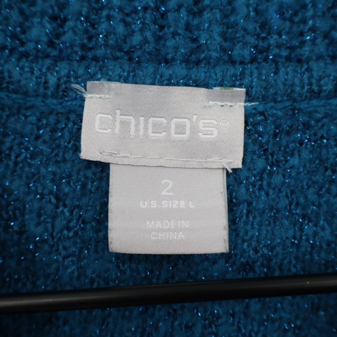 Chico's Sweater Womens Large Berry Blue Knit Sequin Cowl Neck Ribbed Outdoor
