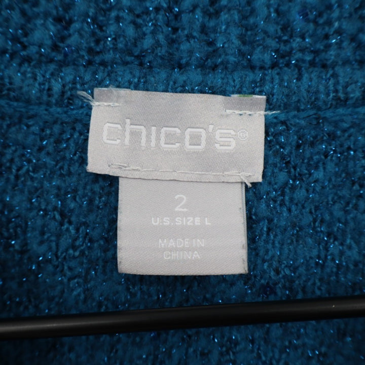 Chico's Sweater Womens Large Berry Blue Knit Sequin Cowl Neck Ribbed Outdoor