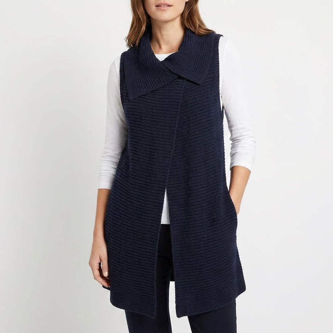 Chicos Navy Blue Ribbed Knit Wool Blend Shawl Collar Longline Cardigan Vest 1 M
