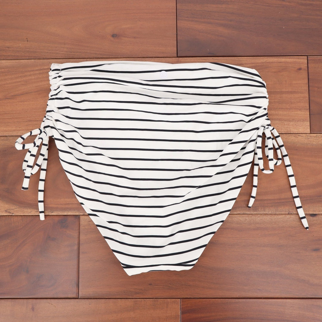 CALIA Womens Ruched Side Tie High Rise Bikini Bottom Striped White Small