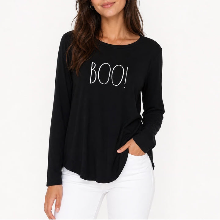 Rae Dunn Boo Halloween Long Sleeve Graphic Tee Shirt Black XL