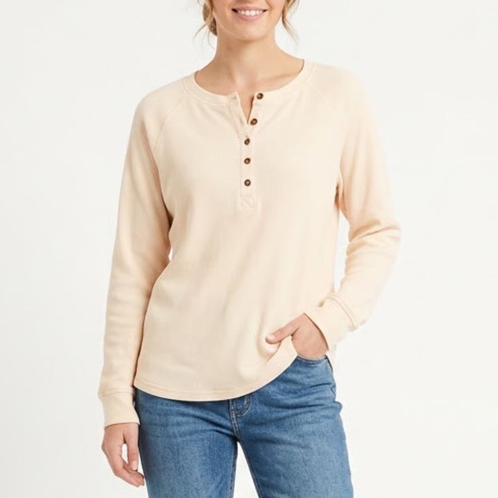 Anrabess T-Shirt Womens 2XL Blush Stretch Waffle Knit Henley Neck Long Sleeve