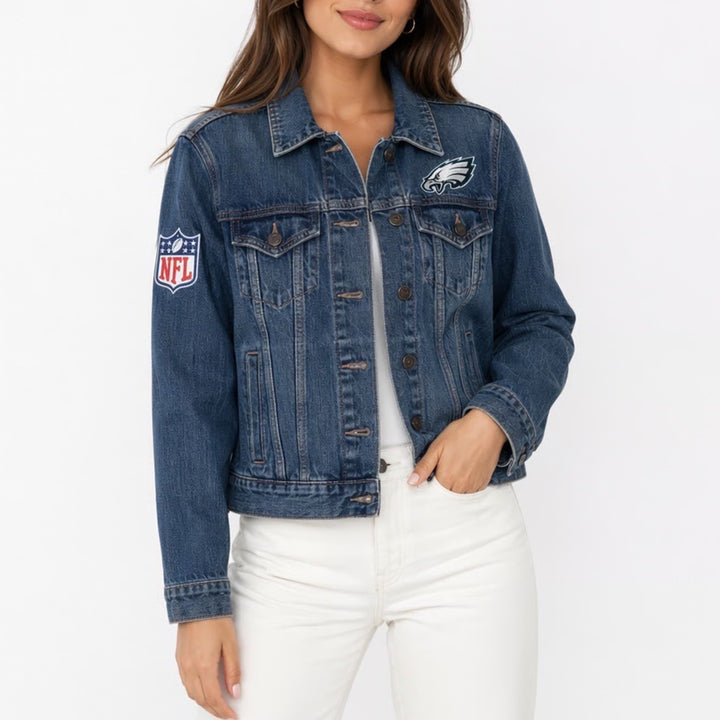 Philadelphia Eagles Trucker Jacket Womens Medium Blue Denim Levi's Spread Collar