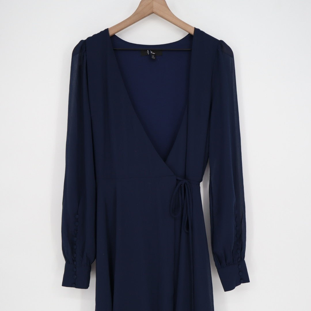 Lulus My Whole Heart Wrap Dress Womens Medium Midnight Blue Long Sheer Sleeves