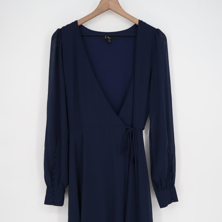 Lulus My Whole Heart Wrap Dress Womens Medium Midnight Blue Long Sheer Sleeves