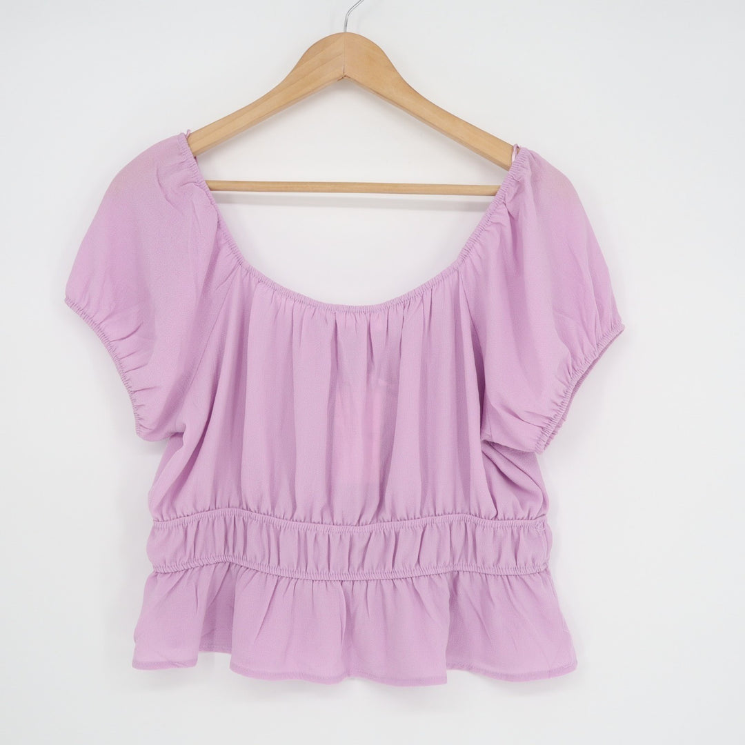 Pink Rose Blouse Top Womens L Purple Stretch Drawstring Tie Pleated Short Sleeve