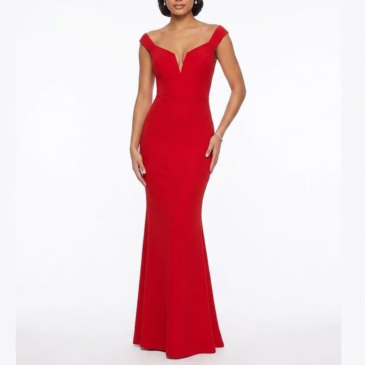 Xscape Red Off Shoulder Sweetheart V-Notch Formal Gown Dress 2