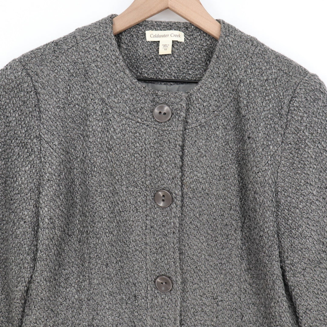 Coldwater Creek Blazer Jacket Women's 10 Gray Tweed Button Front 3/4 Sleeve