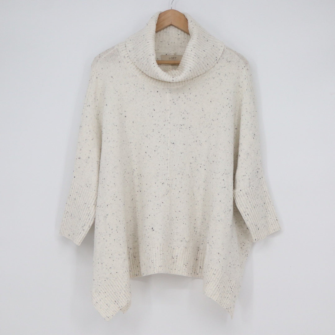 LOFT Cream Speckled Cowl Neck Poncho Sweater Size M Oversized Knit