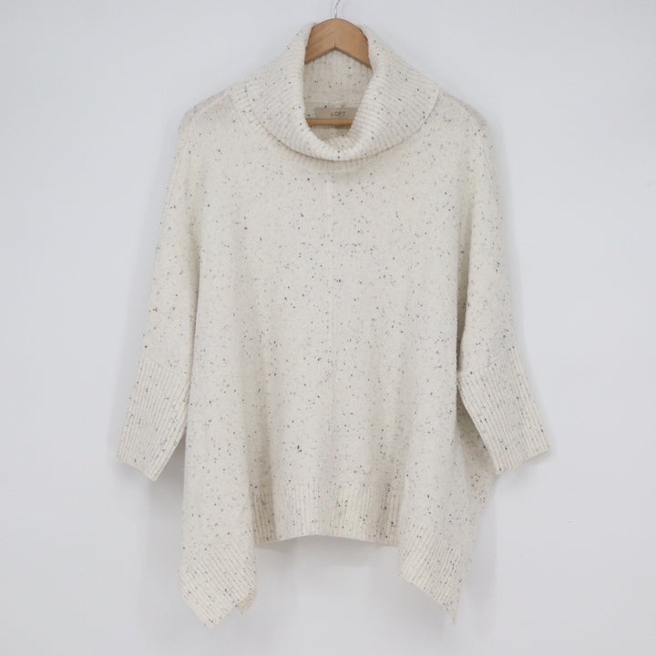 LOFT Cream Speckled Cowl Neck Poncho Sweater Size M Oversized Knit