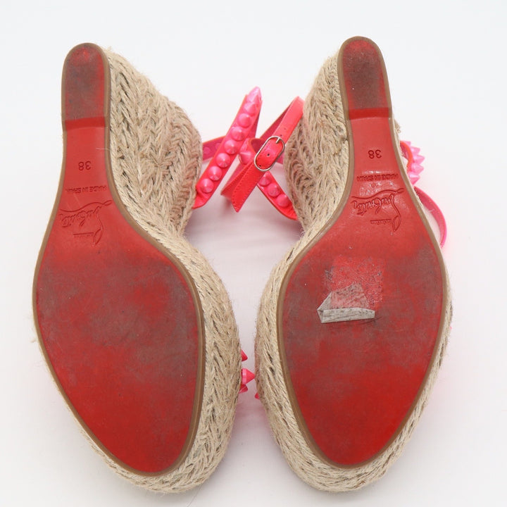 Christian Louboutin Neon Pink Studded Espadrille Wedge Sandals 38