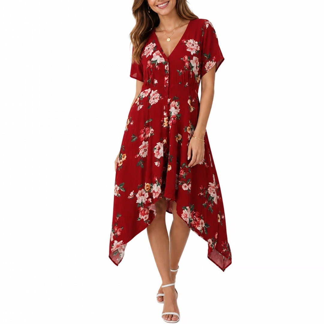 Torrid Red Floral Button Front Handkerchief Hem Midi Dress Size 2 Plus 2X V-Neck