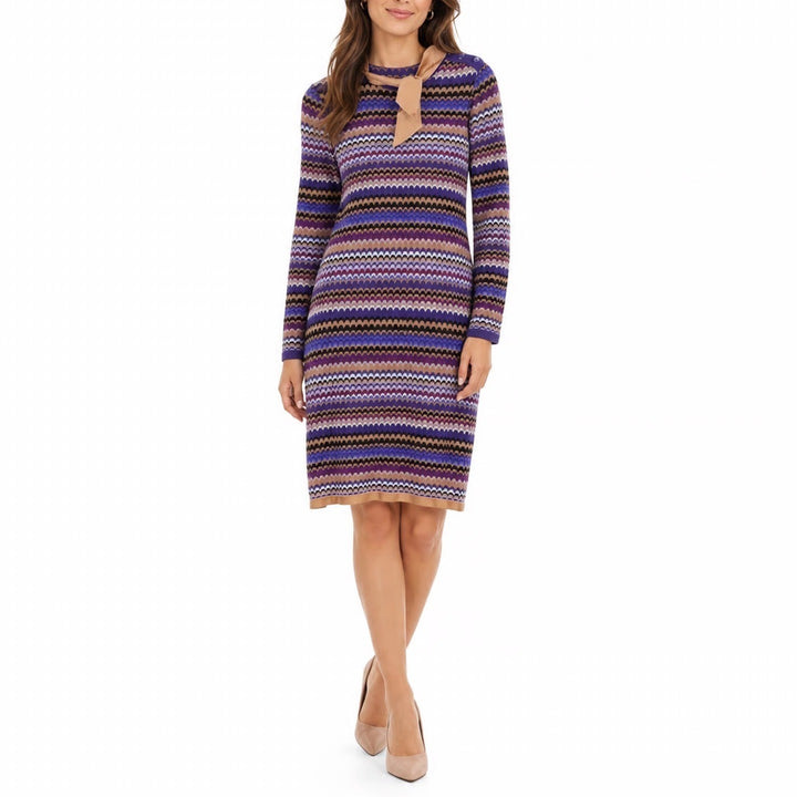 Missoni Vintage Purple Zigzag Knit Tie Neck Dress Wool Blend Made in Italy 42