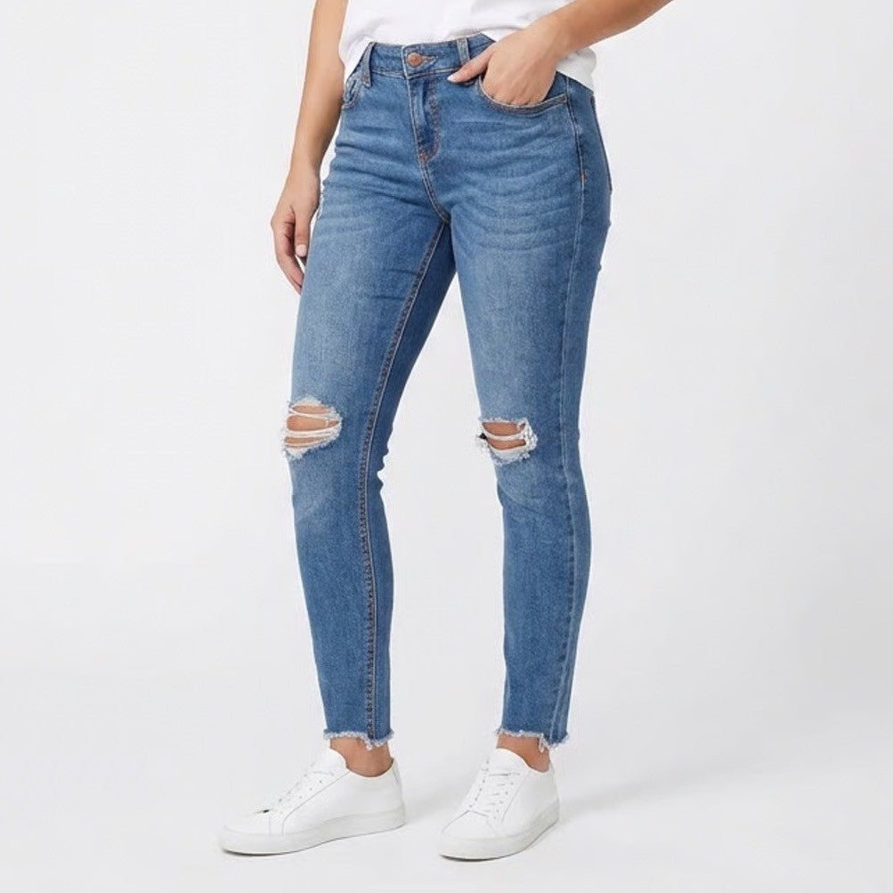 Calliope Jeans Womens M Skinny Medium Blue Distressed Ripped Raw Hem Excellent