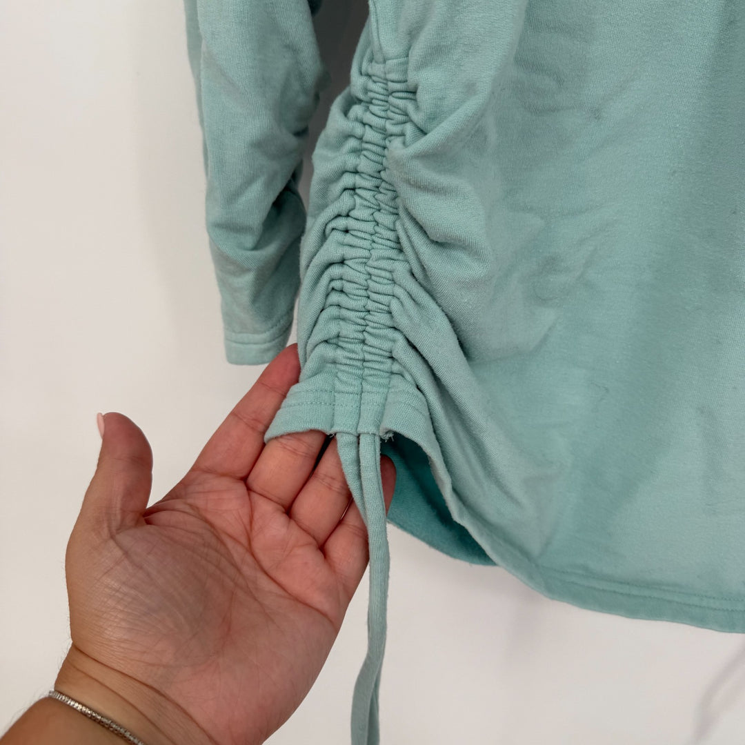 Athleta Lombard Ruched Sweatshirt Womens Medium Mint Blue Stretch Down Shoulder