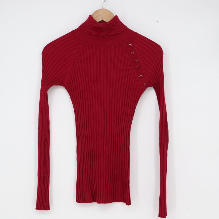 It's Our Time Red Ribbed Turtleneck Sweater Button Shoulder Detail Small 10696