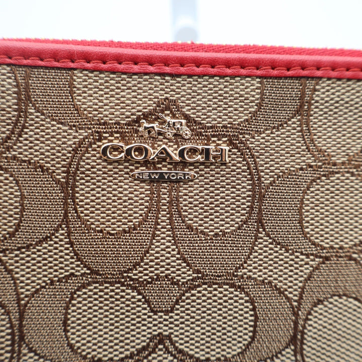 Coach Small Wristlet Signature Canvas Khaki Red Leather F58035 Gold Hardware